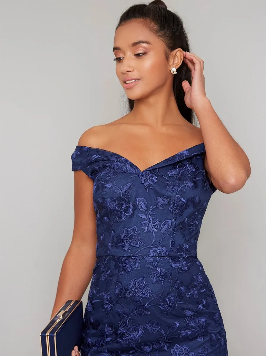 Petite Bardot Fishtail Bodycon Maxi Dress in Blue sold by Chi Chi London product image thumbnail 2