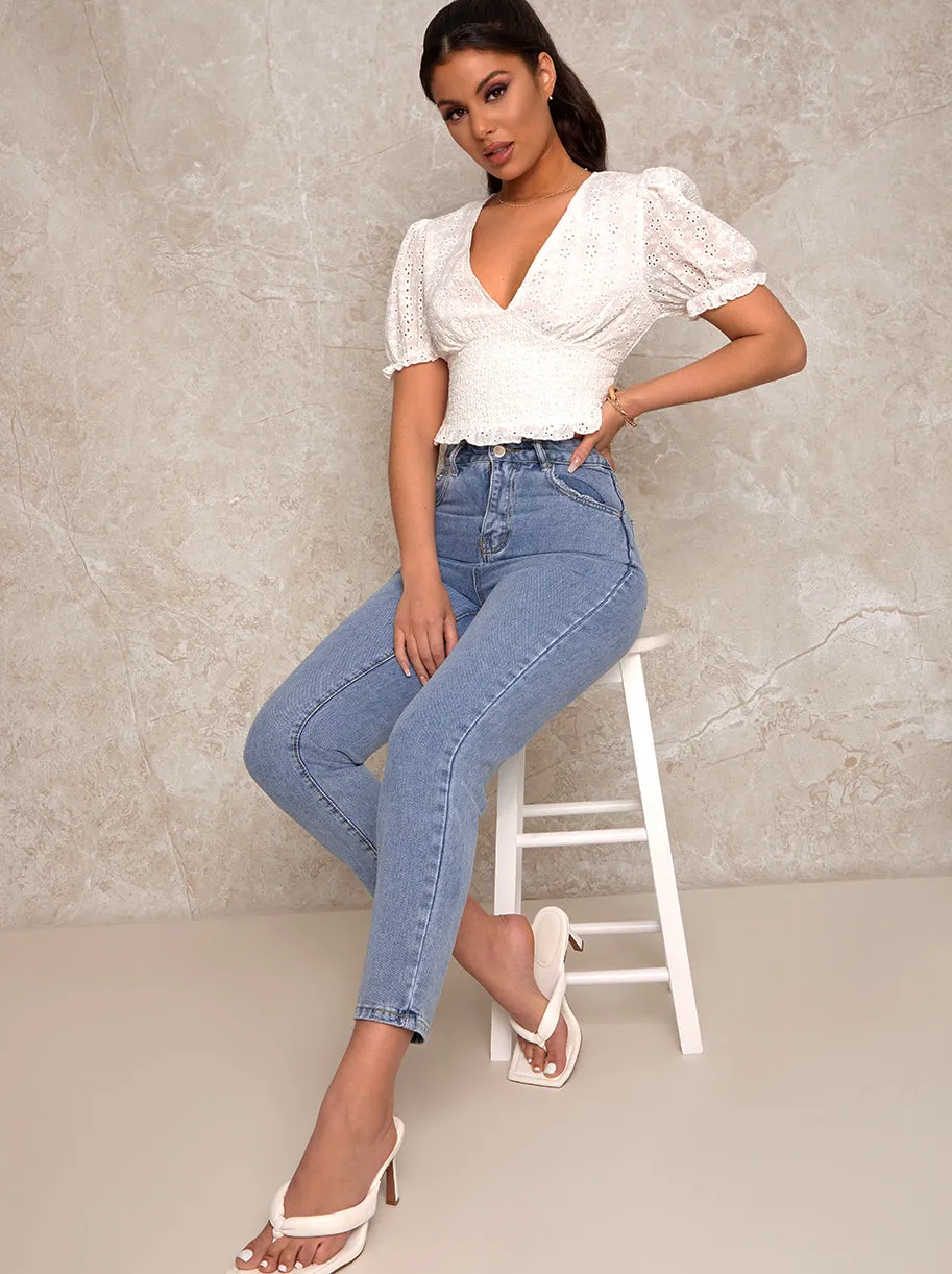 Puff Sleeve Broderie Anglais Blouse in White sold by Chi Chi London product image thumbnail 2