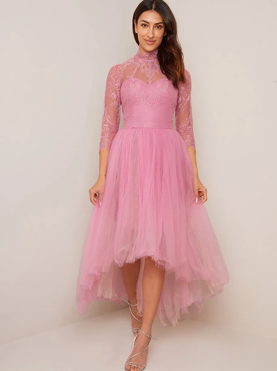 High Neck Lace Tulle Dip Hem Dress in Pink sold by Chi Chi London