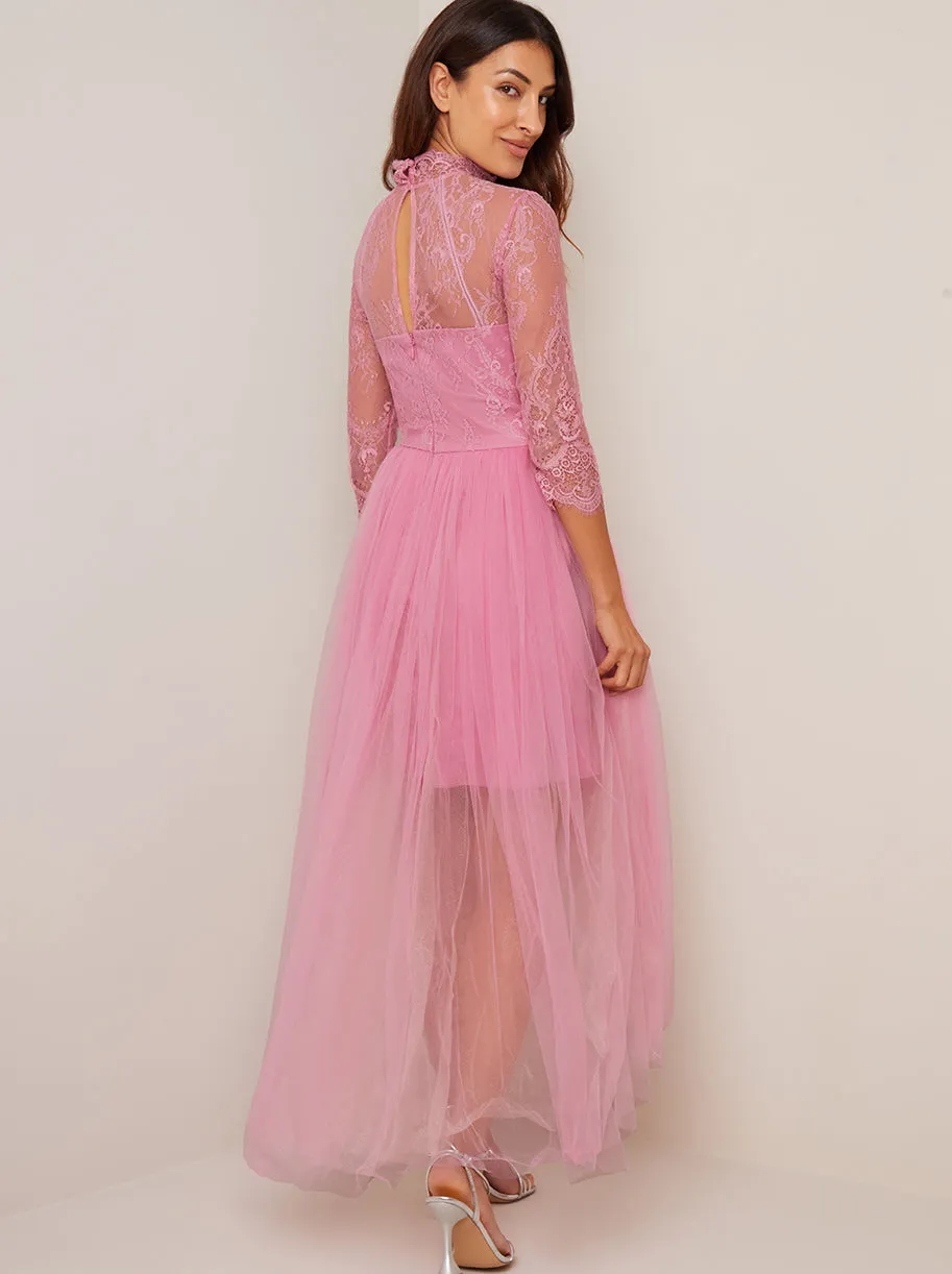 High Neck Lace Tulle Dip Hem Dress in Pink sold by Chi Chi London product image thumbnail 2