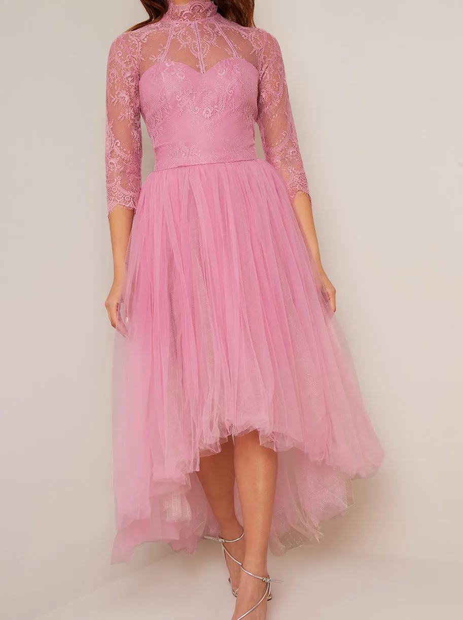 High Neck Lace Tulle Dip Hem Dress in Pink sold by Chi Chi London product image thumbnail 3