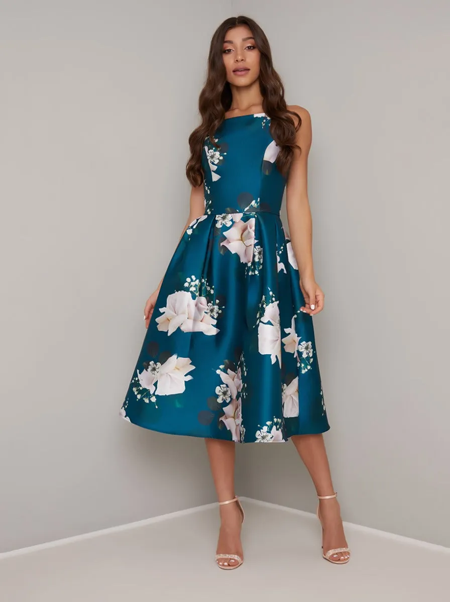 Printed Floral Box Pleat Midi Dress in Green sold by Chi Chi London