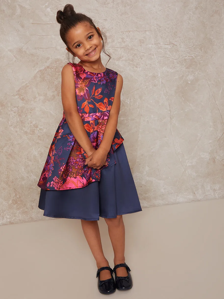 Girls Printed Asymmetric Detail Midi Dress in Navy sold by Chi Chi London