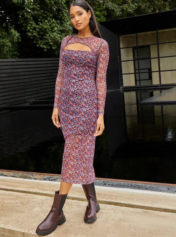 Cut-Out Detail Ditsy Floral Printed Dress in Black sold by Chi Chi London