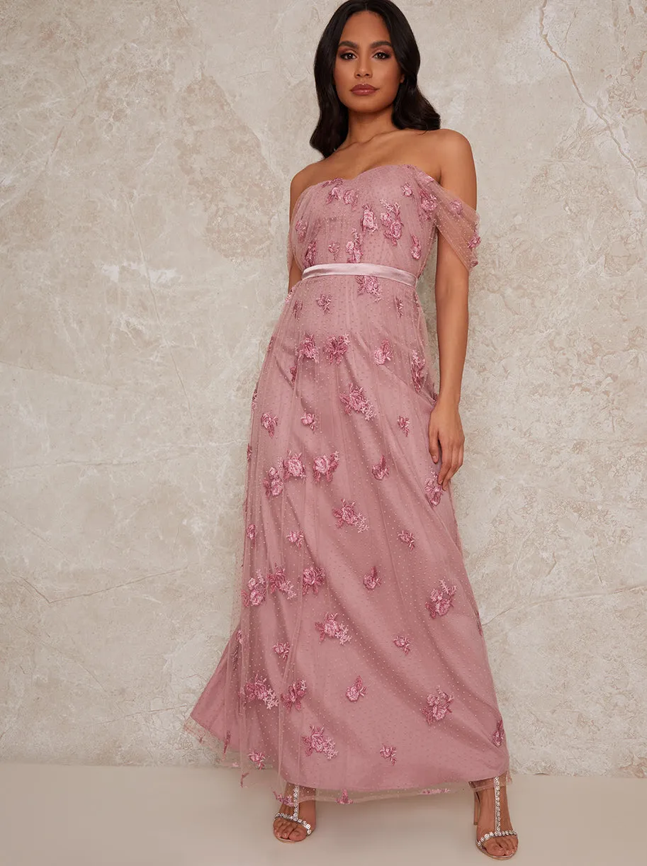Lace Bardot Maxi Dress in Pink sold by Chi Chi London