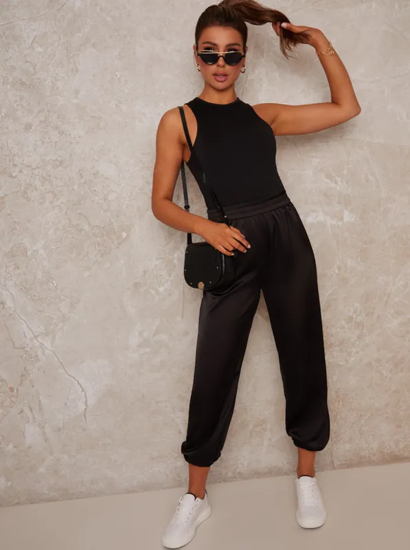 Satin Elasticated Waist Cargo Trousers in Black sold by Chi Chi London
