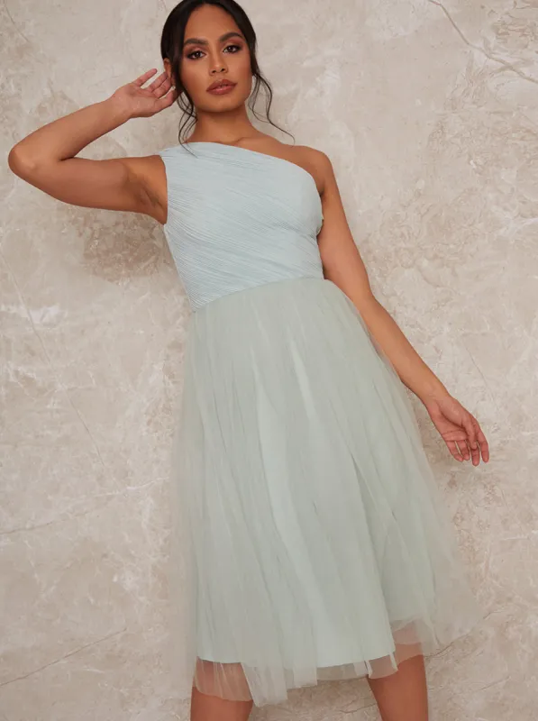 One Shoulder Tulle Skirt Midi Dress in Green sold by Chi Chi London