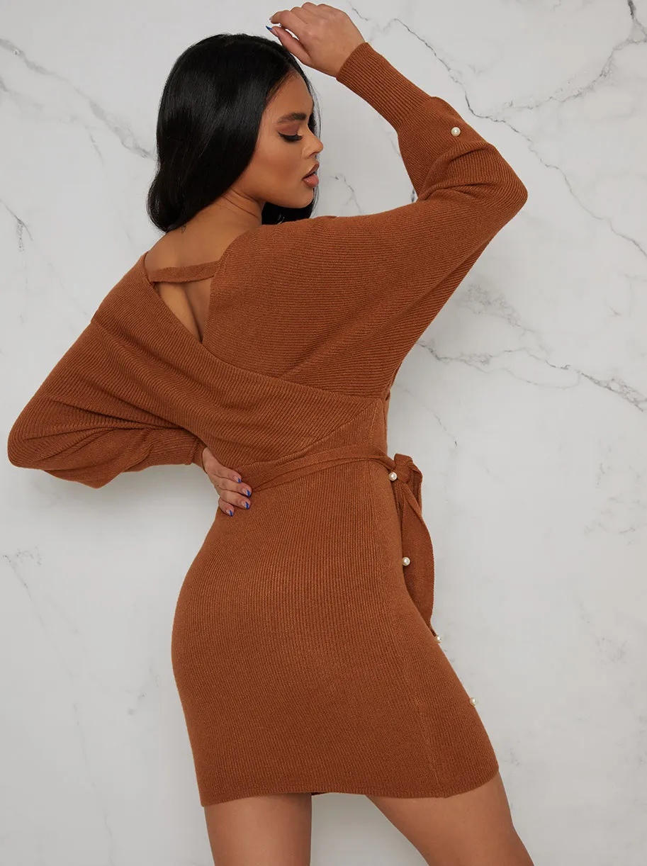 Pearl Design Wrap Detail Jumper Dress In Tan sold by Chi Chi London product image thumbnail 4