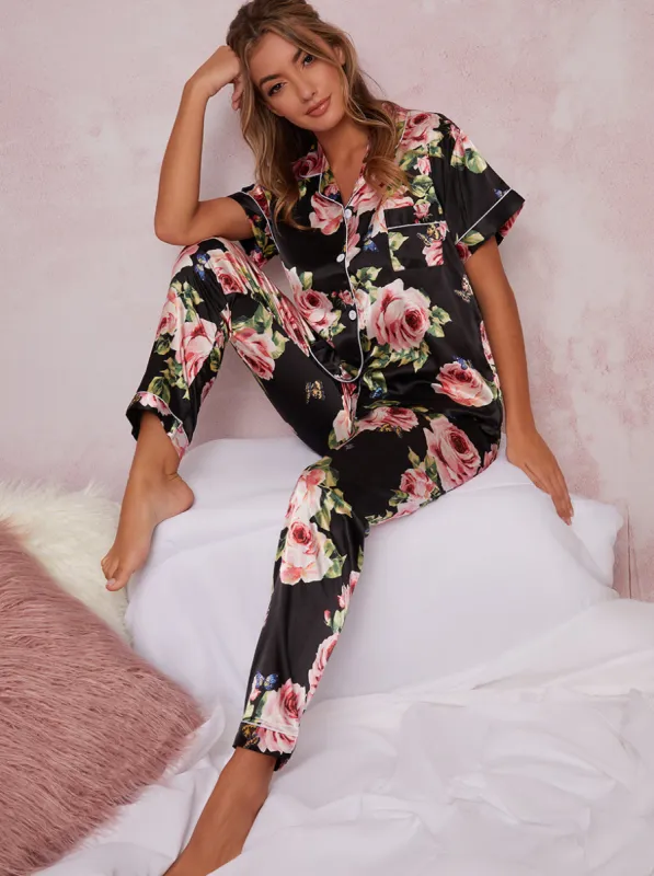 Satin Pyjama Set with Printed Floral Design in Black sold by Chi Chi London