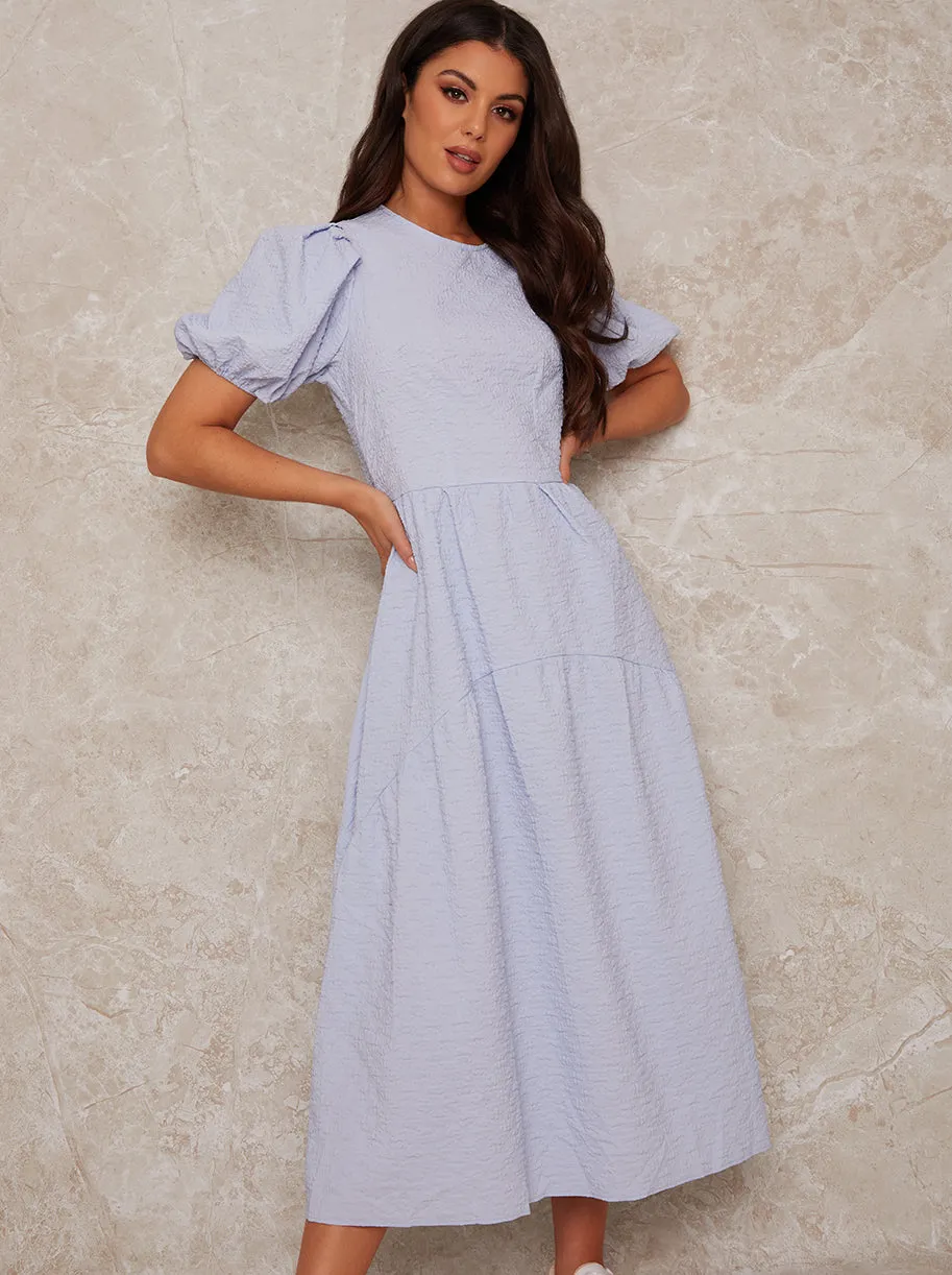 Puff Sleeve Tiered Midi Dress in Blue sold by Chi Chi London product image thumbnail 3