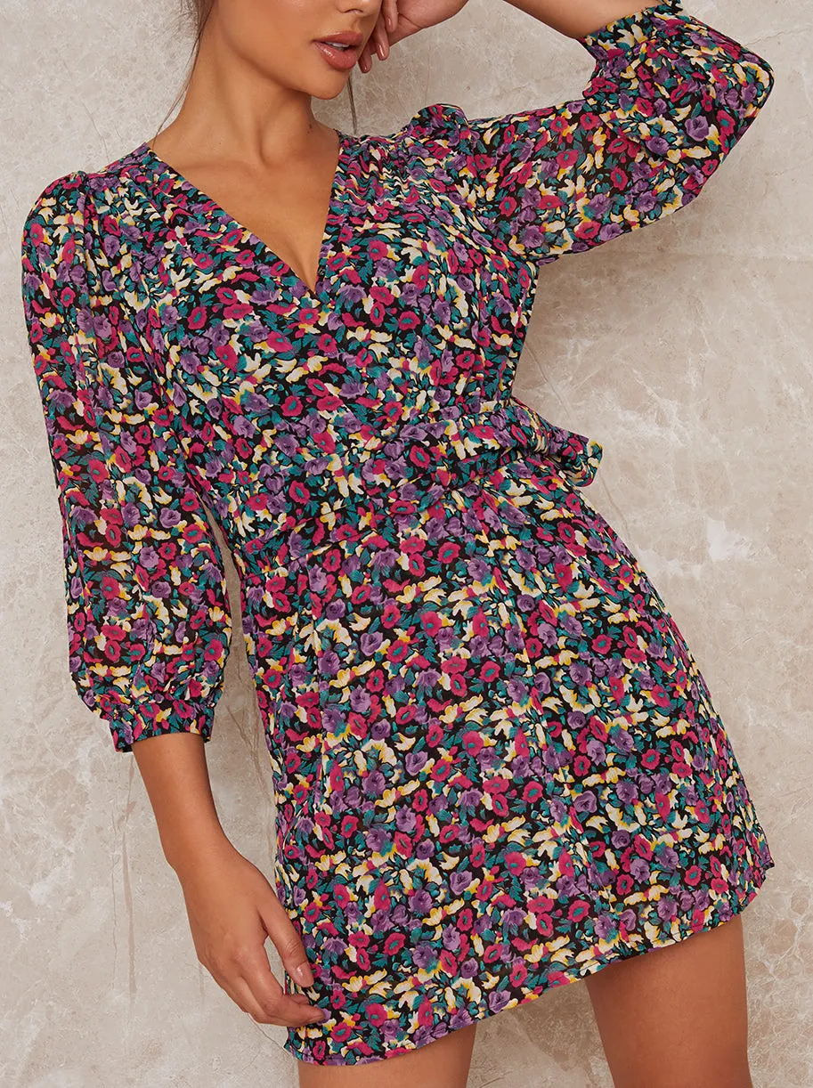 Floral Print Tie Waist 3/4 Sleeve Mini Dress in Multi sold by Chi Chi London product image thumbnail 3
