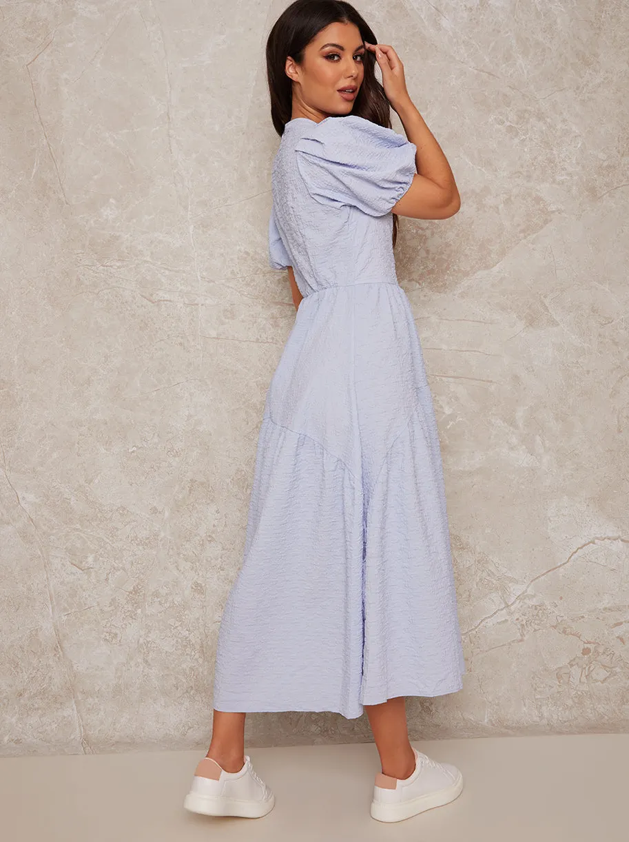 Puff Sleeve Tiered Midi Dress in Blue sold by Chi Chi London product image thumbnail 4