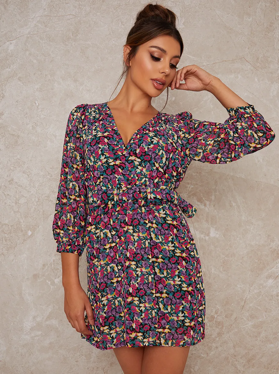 Floral Print Tie Waist 3/4 Sleeve Mini Dress in Multi sold by Chi Chi London