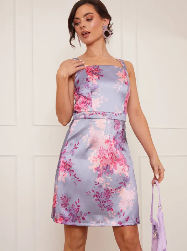 Petite Floral Print Square Neck Mini Dress in Purple sold by Chi Chi London