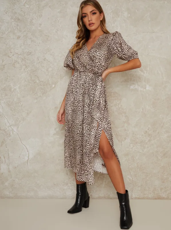 Short Sleeve Leopard Print Midi Dress in Multi sold by Chi Chi London