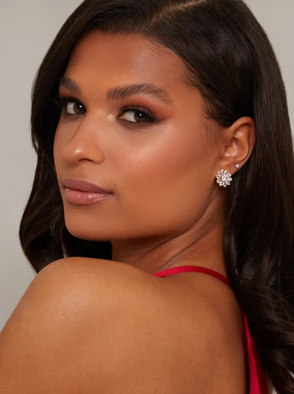 Diamante Flower Pierced Earrings in Silver Tone sold by Chi Chi London