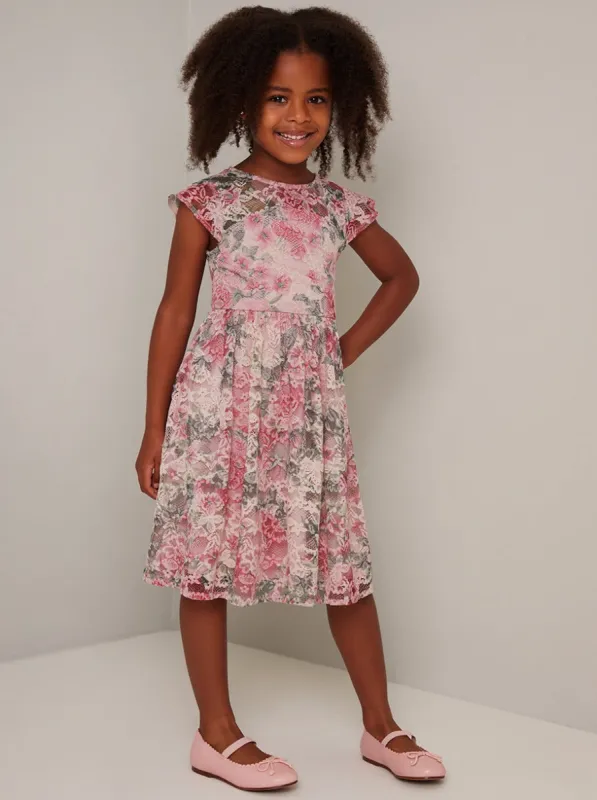 Girls Cap Sleeve Lace Midi Dress in Pink sold by Chi Chi London