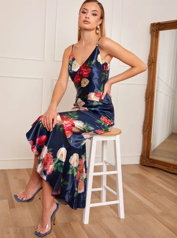 Petite Sleeveless Floral Print Ruffle Hem Midi Dress in Navy sold by Chi Chi London