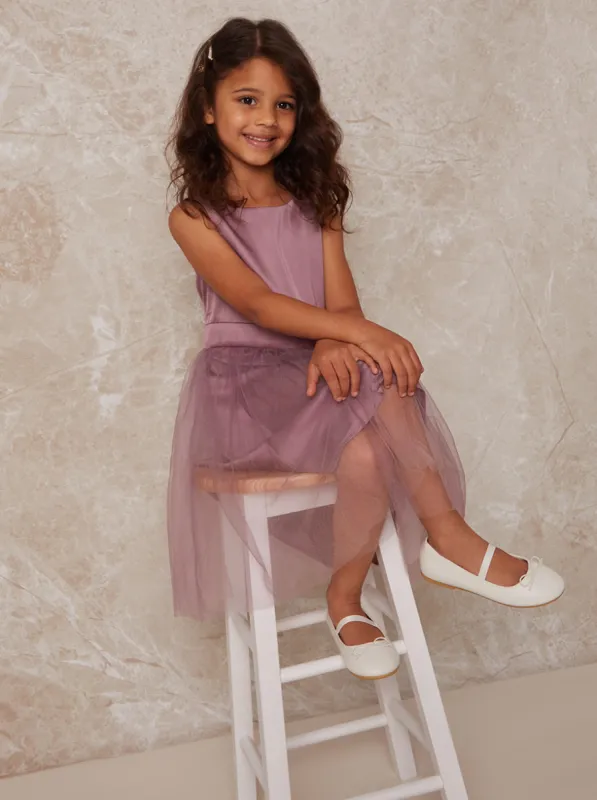 Girls Bow Detail Tulle Flowergirl Dress in Lilac sold by Chi Chi London