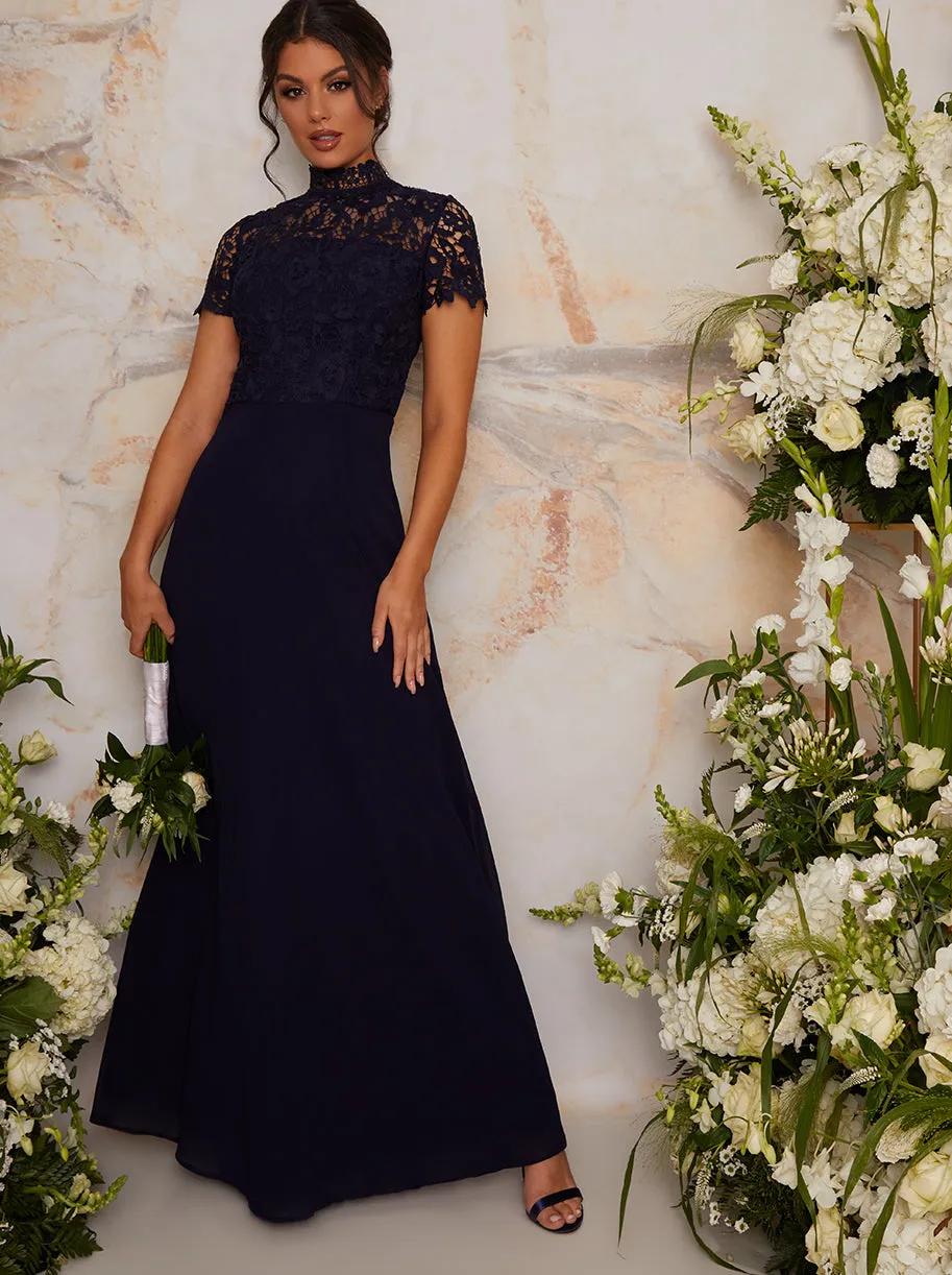 High Neck Lace Maxi Dress in Blue sold by Chi Chi London