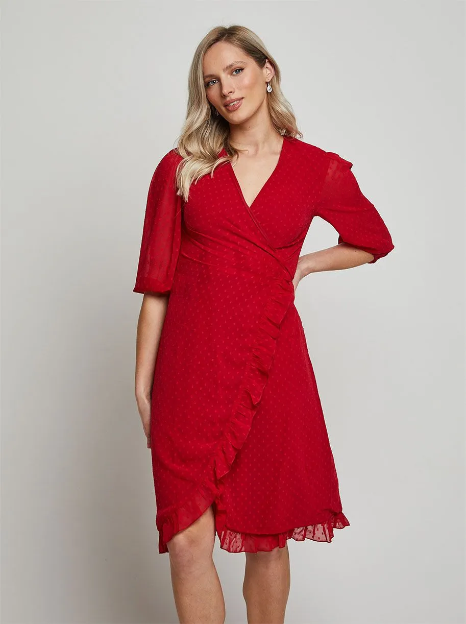 Puff Sleeve Dobby Ruffle Wrap Mini Dress in Red sold by Chi Chi London product image thumbnail 4