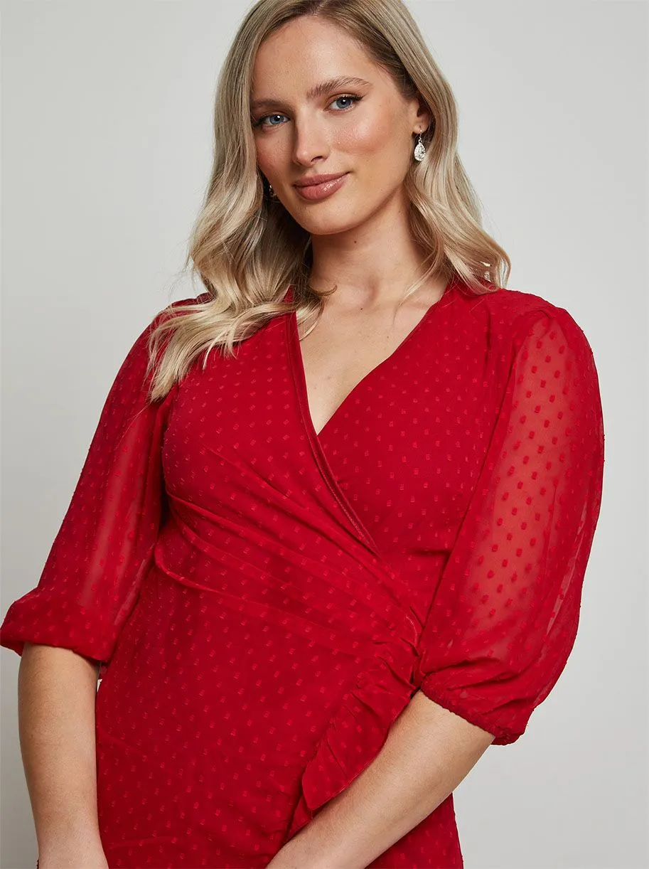 Puff Sleeve Dobby Ruffle Wrap Mini Dress in Red sold by Chi Chi London product image thumbnail 2