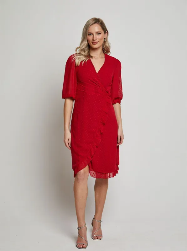 Puff Sleeve Dobby Ruffle Wrap Mini Dress in Red sold by Chi Chi London