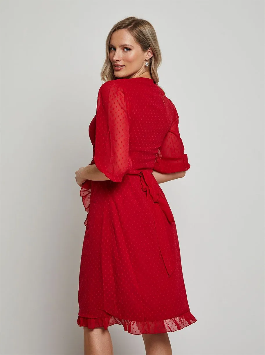 Puff Sleeve Dobby Ruffle Wrap Mini Dress in Red sold by Chi Chi London product image thumbnail 3