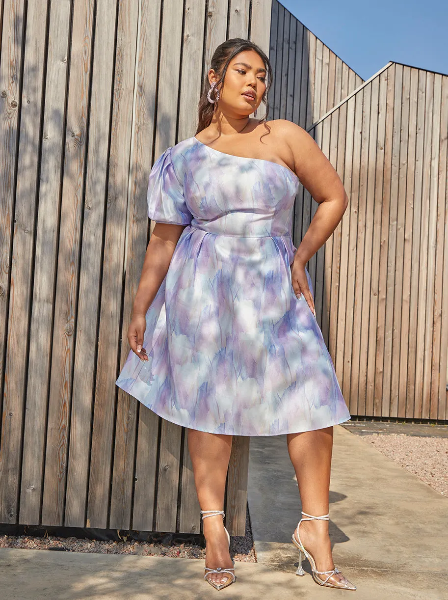 Plus Size One-Shoulder Puff Sleeve Watercolour Print Dress in Lilac sold by Chi Chi London product image thumbnail 2