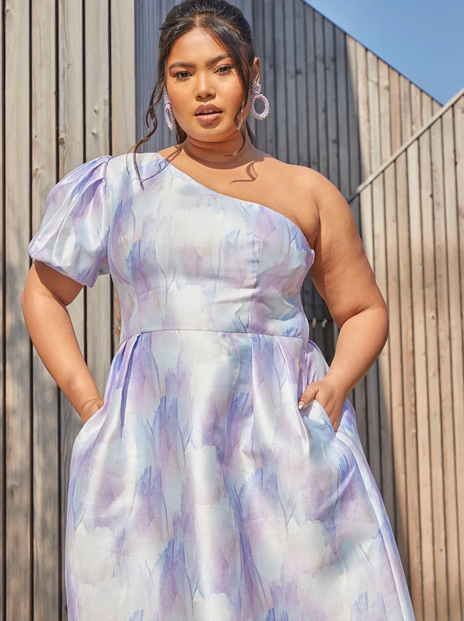 Plus Size One-Shoulder Puff Sleeve Watercolour Print Dress in Lilac sold by Chi Chi London product image thumbnail 5
