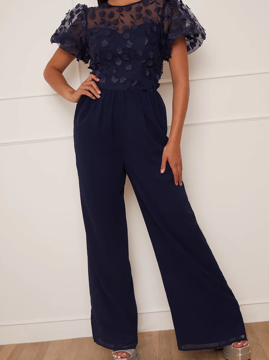 Petite Flutter Sleeve Lace Wide Leg Jumpsuit in Navy sold by Chi Chi London product image thumbnail 4