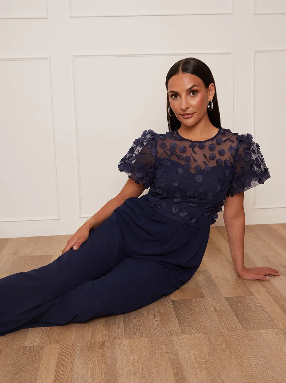 Petite Flutter Sleeve Lace Wide Leg Jumpsuit in Navy sold by Chi Chi London product image thumbnail 3