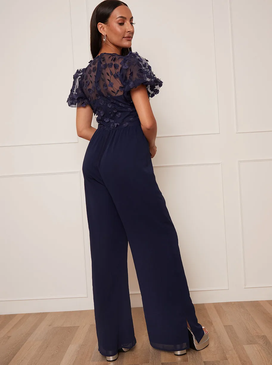 Petite Flutter Sleeve Lace Wide Leg Jumpsuit in Navy sold by Chi Chi London product image thumbnail 5