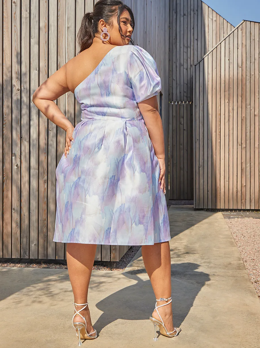 Plus Size One-Shoulder Puff Sleeve Watercolour Print Dress in Lilac sold by Chi Chi London product image thumbnail 3