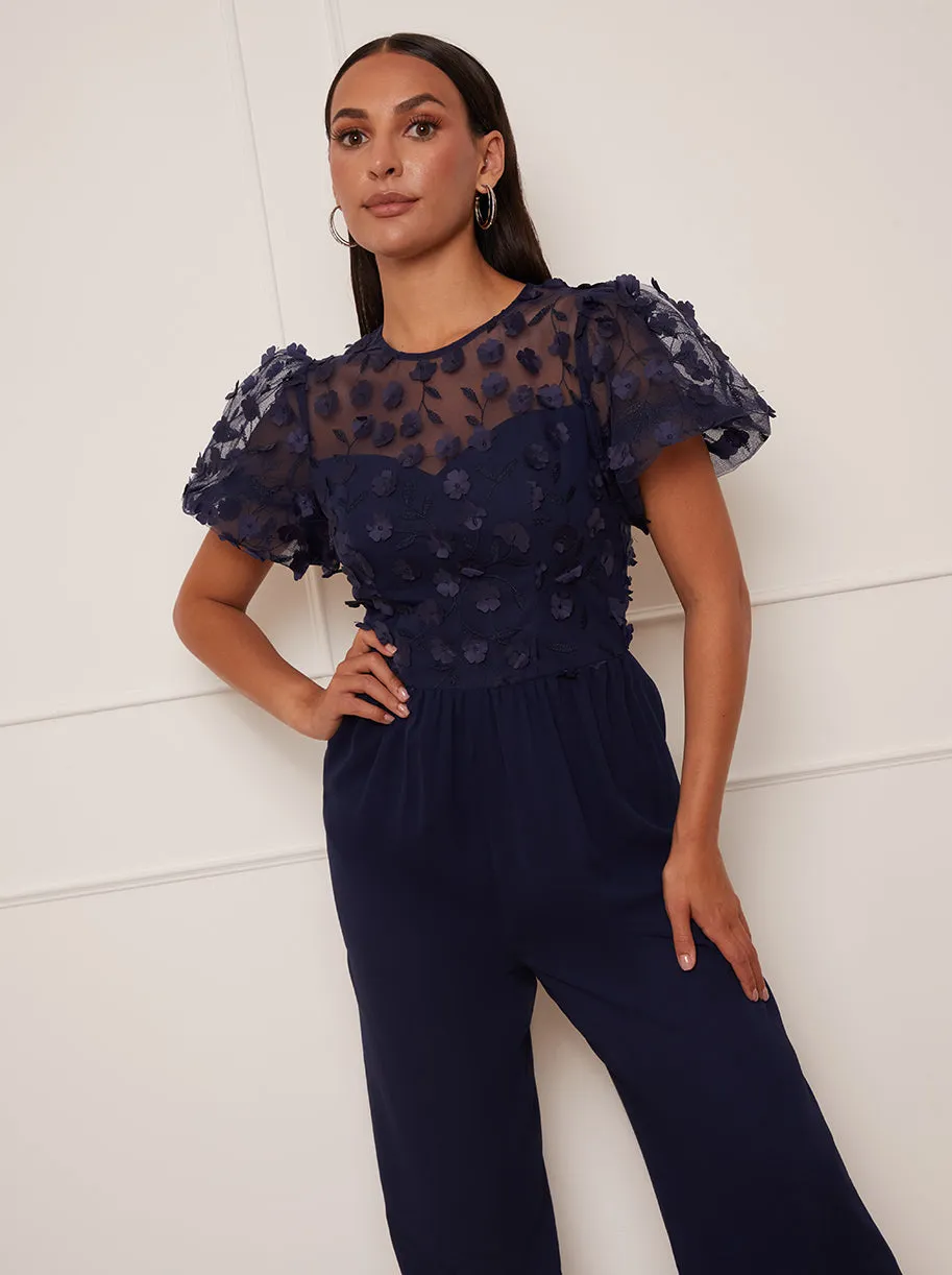 Petite Flutter Sleeve Lace Wide Leg Jumpsuit in Navy sold by Chi Chi London product image thumbnail 2