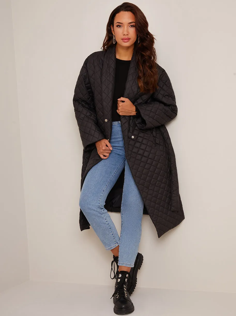 Diamond Quilted Longline Belted Coat in Black sold by Chi Chi London product image thumbnail 4