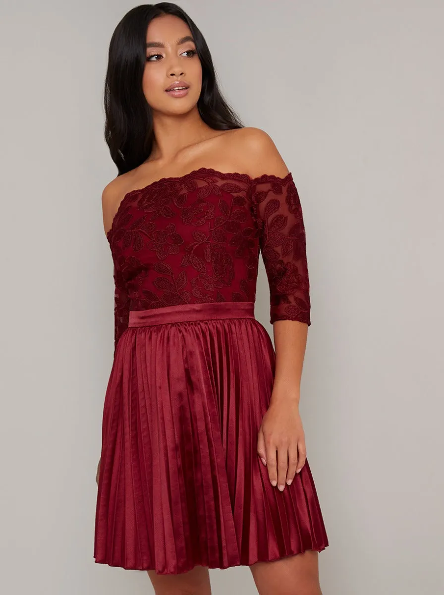 Petite Lace Bodice Satin Pleated Mini Dress in Red sold by Chi Chi London