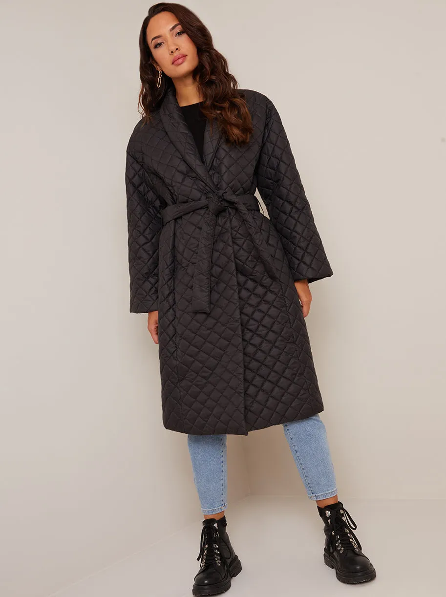 Diamond Quilted Longline Belted Coat in Black sold by Chi Chi London product image thumbnail 3