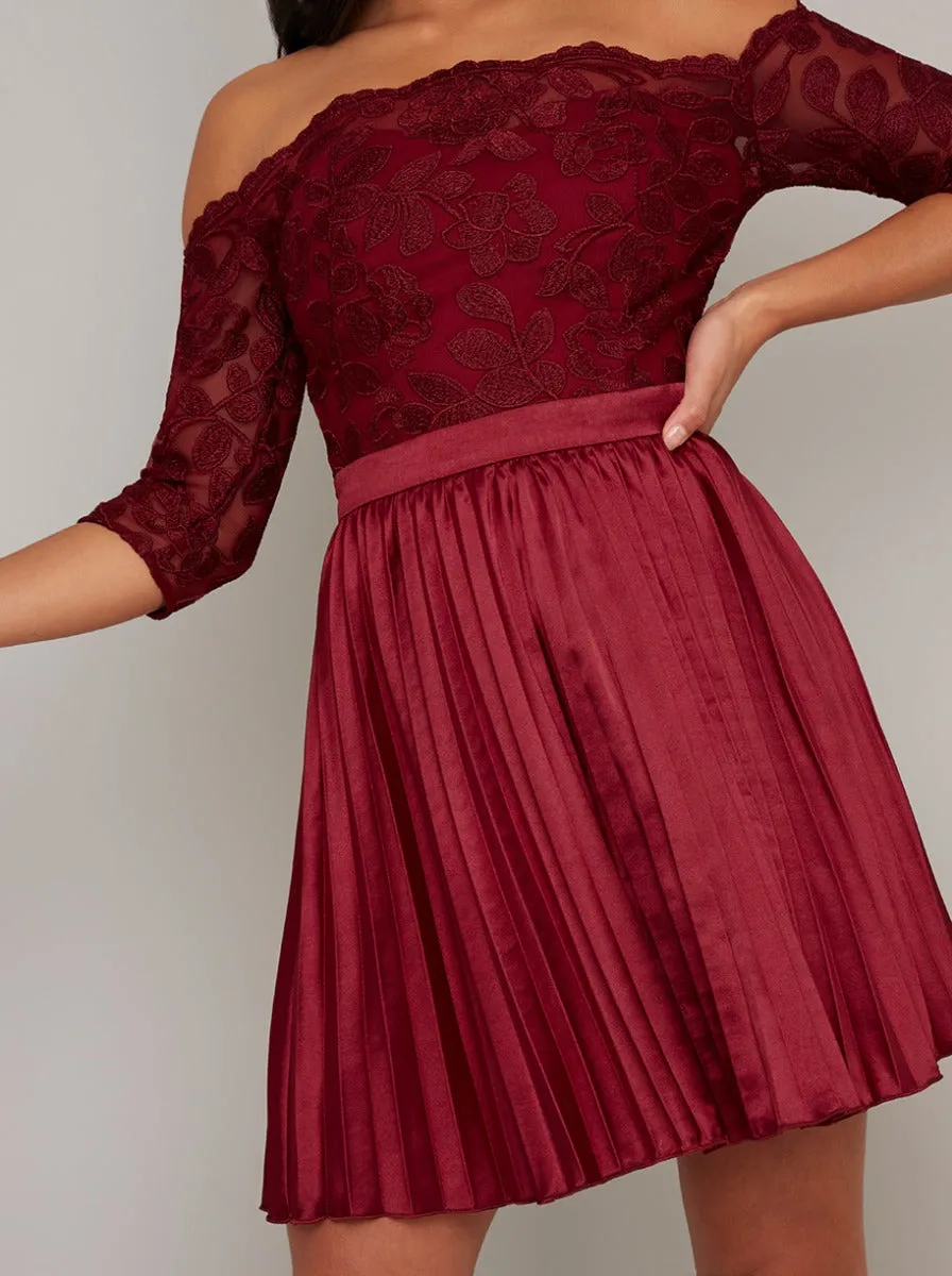 Petite Lace Bodice Satin Pleated Mini Dress in Red sold by Chi Chi London product image thumbnail 3