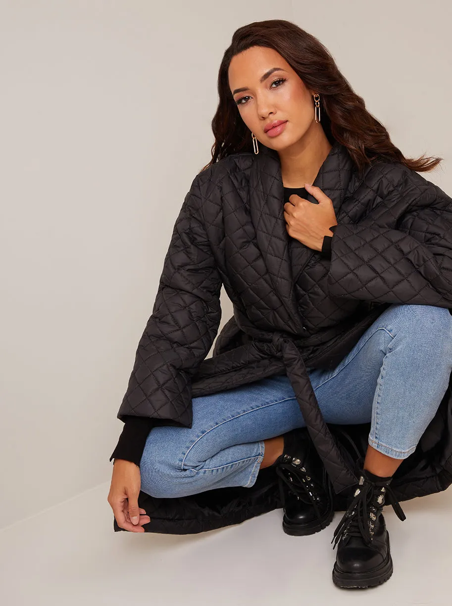 Diamond Quilted Longline Belted Coat in Black sold by Chi Chi London product image thumbnail 2