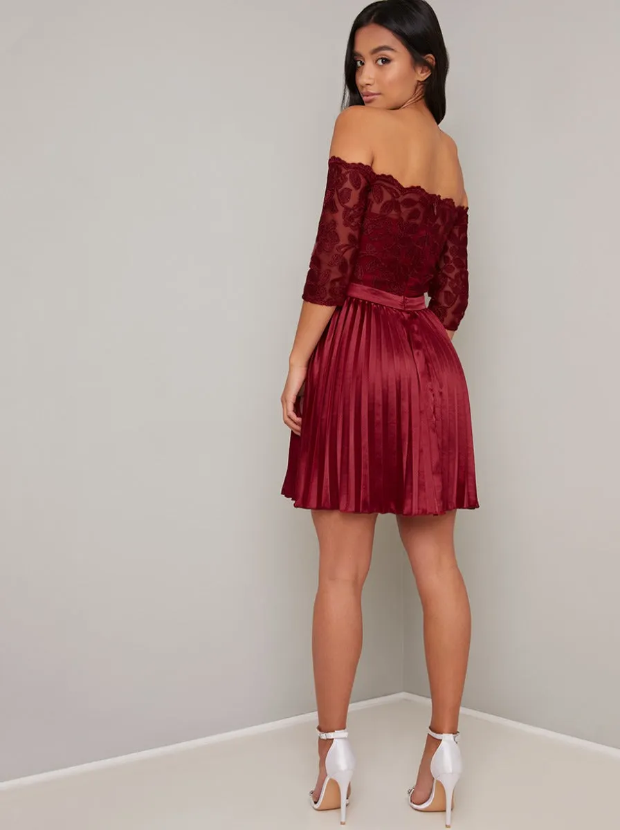 Petite Lace Bodice Satin Pleated Mini Dress in Red sold by Chi Chi London product image thumbnail 4