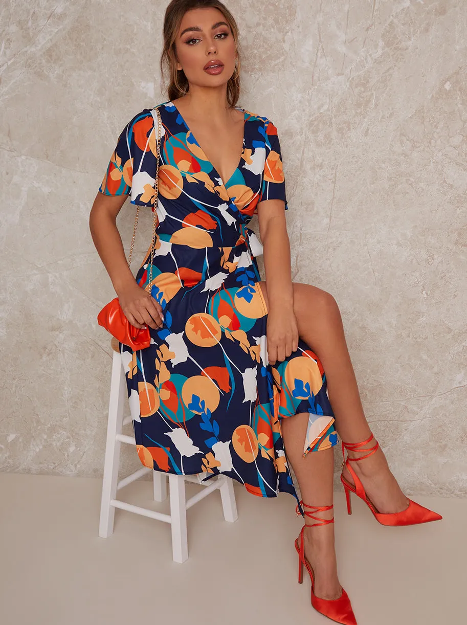 Abstract Print Midi Wrap Day Dress with Short Sleeves in Blue sold by Chi Chi London product image thumbnail 4