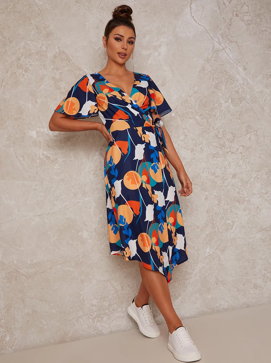 Abstract Print Midi Wrap Day Dress with Short Sleeves in Blue sold by Chi Chi London