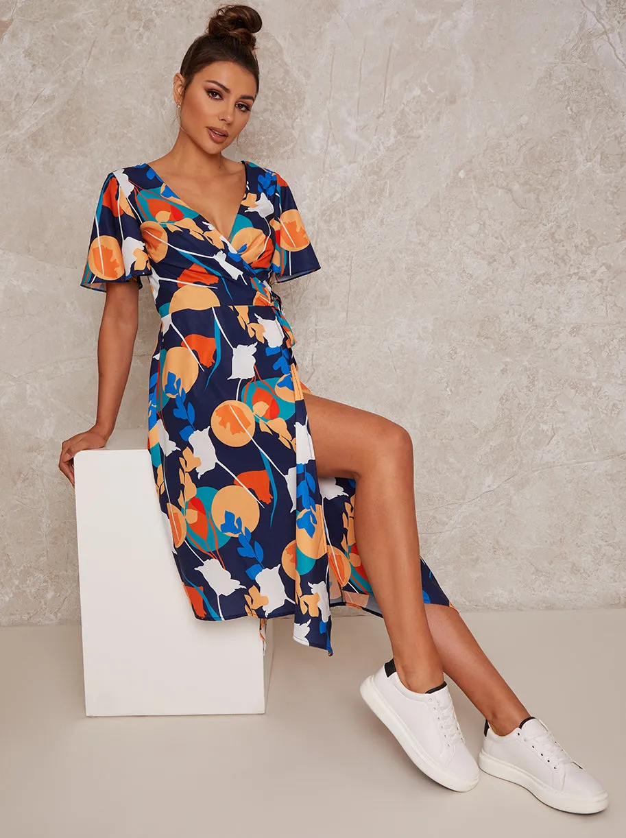 Abstract Print Midi Wrap Day Dress with Short Sleeves in Blue sold by Chi Chi London product image thumbnail 3