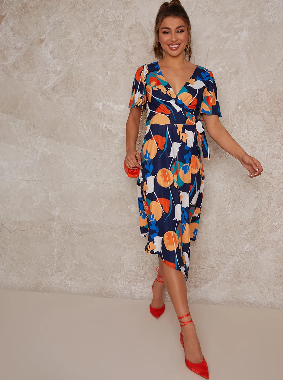 Abstract Print Midi Wrap Day Dress with Short Sleeves in Blue sold by Chi Chi London product image thumbnail 2