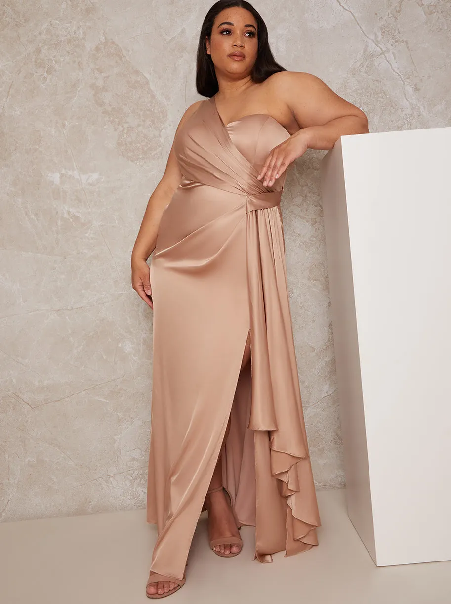 Plus Size One Shoulder Satin Finish Maxi Dress in Champagne sold by Chi Chi London product image thumbnail 2