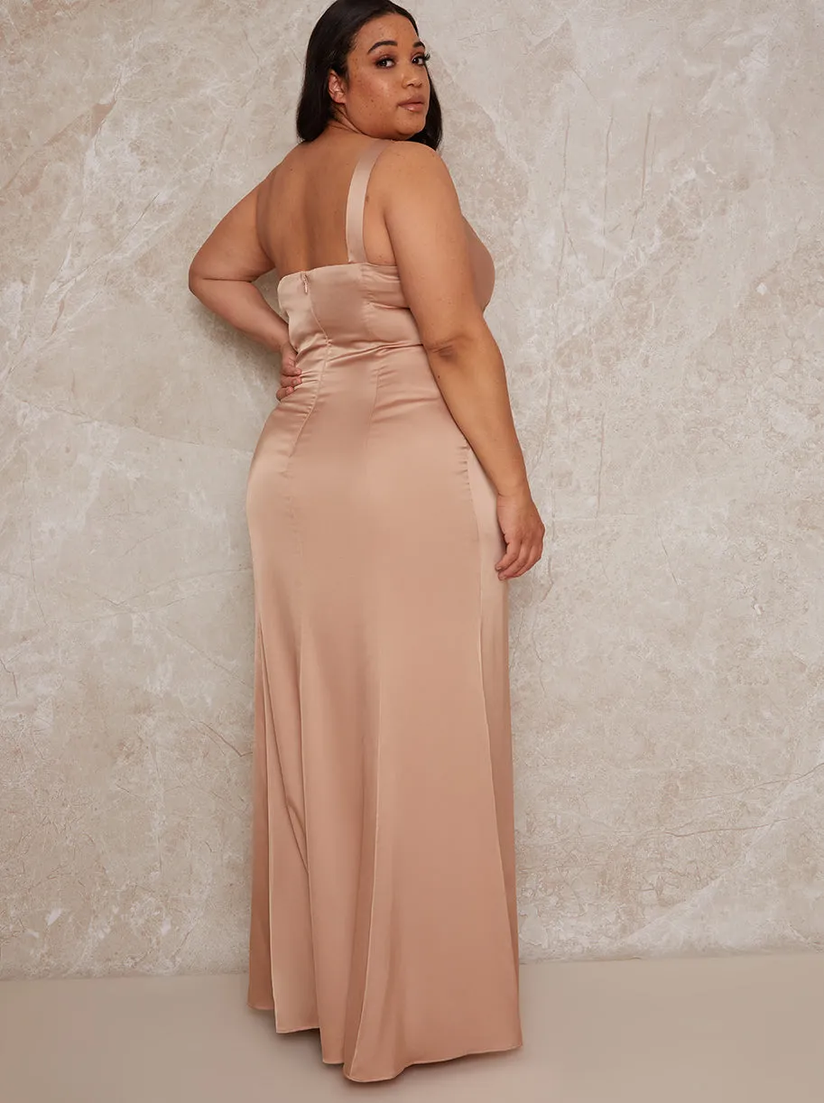 Plus Size One Shoulder Satin Finish Maxi Dress in Champagne sold by Chi Chi London product image thumbnail 4