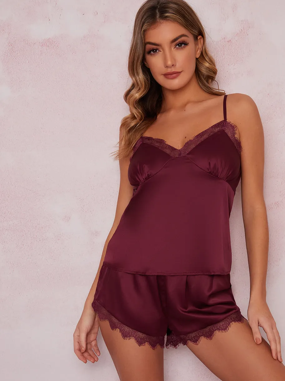 Cami Top Lace Edge Pyjama Set in Red sold by Chi Chi London