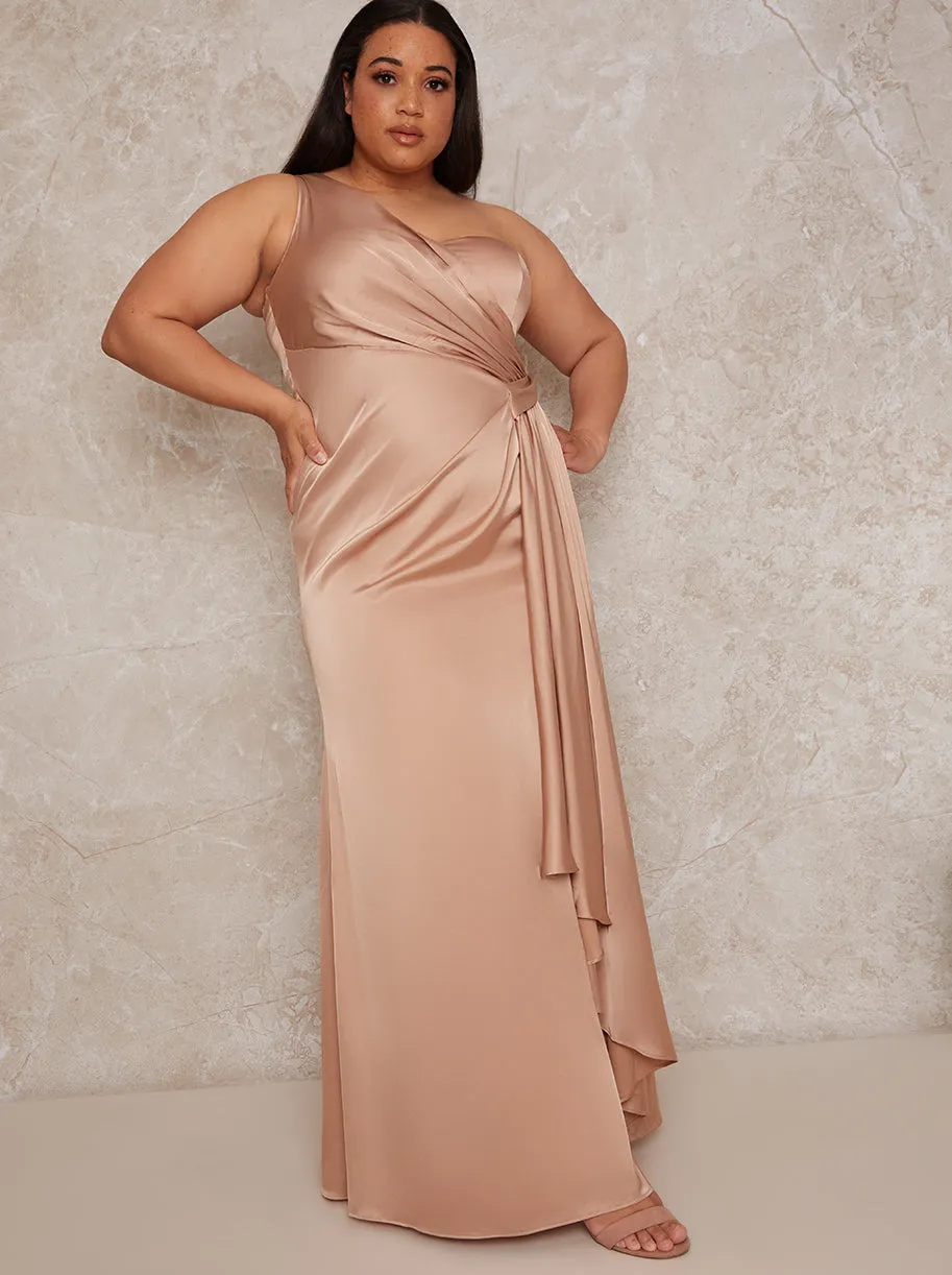 Plus Size One Shoulder Satin Finish Maxi Dress in Champagne sold by Chi Chi London