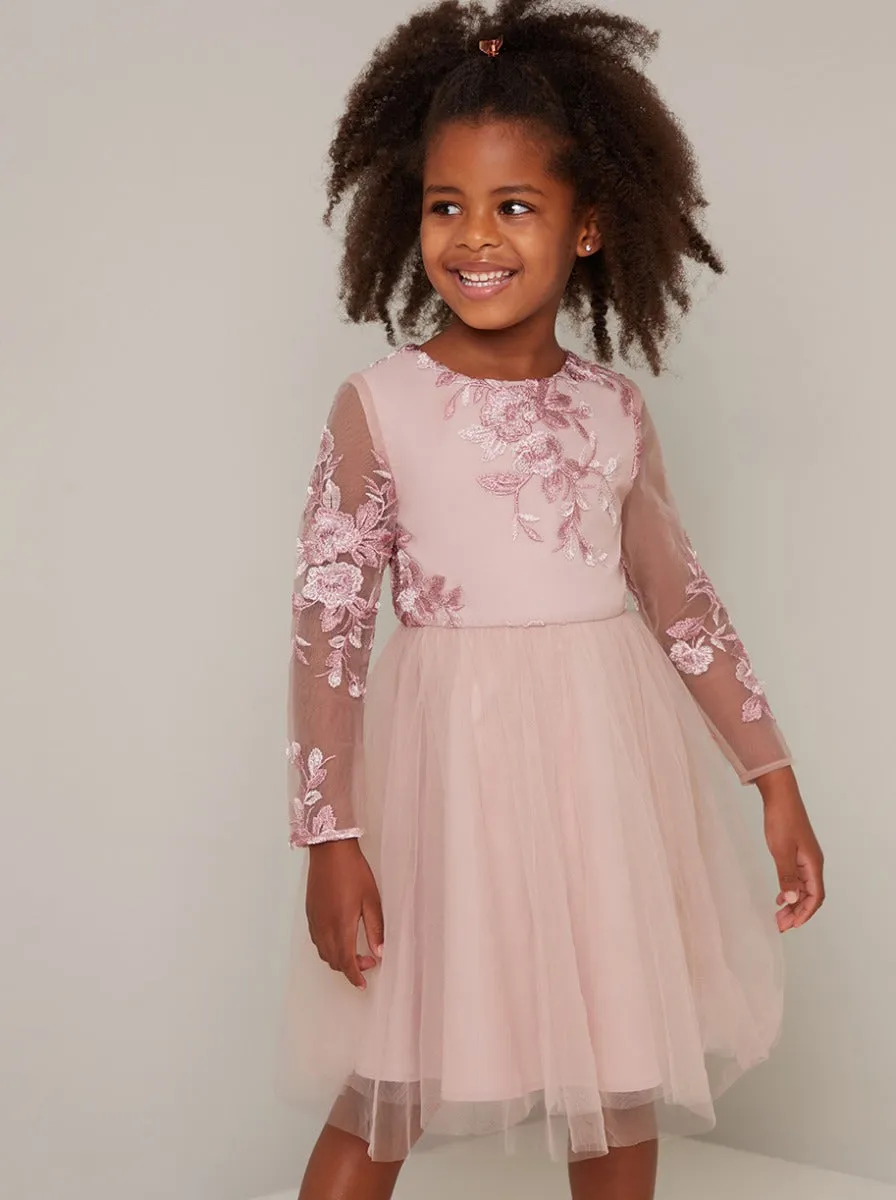Girls Lace Bodice Tulle Midi Dress in Pink sold by Chi Chi London